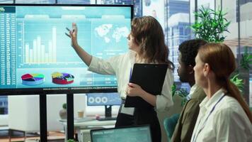 Corporate associates looking into project details and timetables in conference room, establishing budget and operations to accomplish objectives in a competitive business environment. Camera A. video