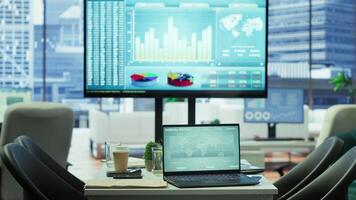 Empty corporation space with advanced technology enhances productivity, helping business associates focus on financial planning, performance metrics and global enterprise objectives. video