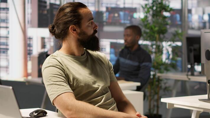 Male Office Worker in Front of His Table While Working 2D Cartoon