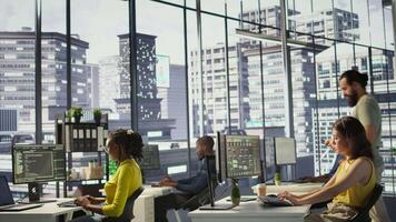 IT employee coding in programming languages to construct algorithms and build applications. Software technician developing and maintaining databases and data structures in office, camera B video