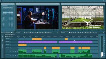 editor software interface used for professionally retouching clips, trimming and splicing to produce multimedia content. Videography program UI showing footage being modified, for film industry video