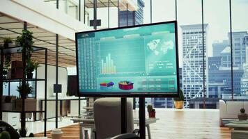 Empty modern office setup with advanced technology enhances productivity, helping professionals focus on financial strategies, performance metrics and global business objectives. video