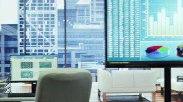 Empty boardroom setup with a computer displaying financial data, facilitates effective communication and strategy development for a successful business project. Performance goals. video