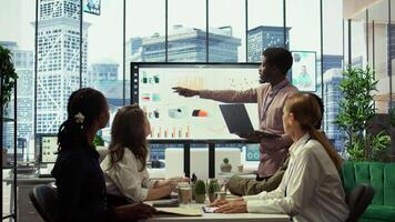 Teammates assembling in a boardroom to go over their analysis results after examining graphic representations and feedback from stakeholders. Staff and team leader exchange new ideas. Camera B. video