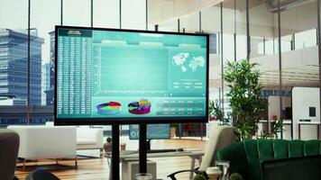 Empty modern office setup with advanced technology enhances productivity, helping professionals focus on financial strategies, performance metrics and global business objectives. video