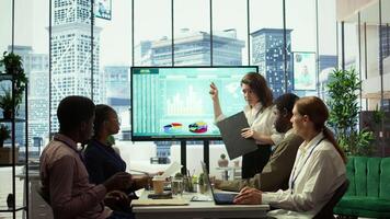 Business associates reviewing key performance indicators within the enterprise activity. Conducting evaluations and discuss training to foster development, enhance team efficiency. Camera B. video