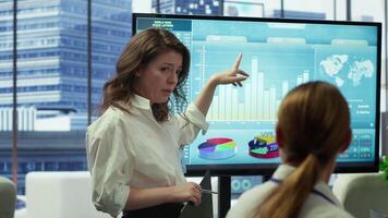 pr team presenter infographics och digital marknadsföring insikter för tillväxt, visa upp de påverkan av nyligen kampanjer och beskrivning planer för framtida utveckling initiativ i arbetsyta. kamera a. video