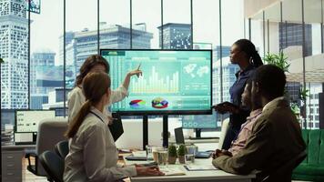 PR team presenting infographics and digital marketing insights for growth, showcasing the impact of recent campaigns and outlining plans for future development initiatives in workspace. Camera B. video