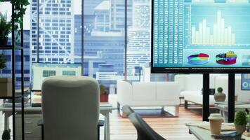 Empty luxury office space with advanced technology enhances productivity, helping employees focus on financial strategies, performance metrics and global enterprise objectives. video