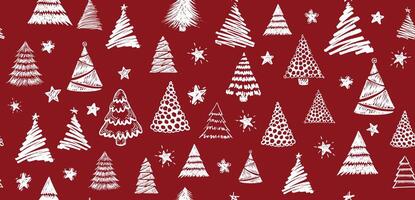 Christmas tree, New Year set on red, hand drawn illustrations. . vector