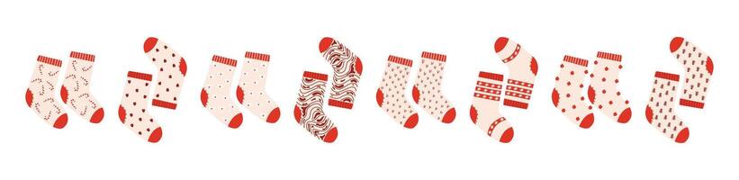 Set of winter bright red Christmas socks. Flat clothing element and attributes of winter celebration with different designs, patterns, colors and patterns. Festive colorful stockings. vector
