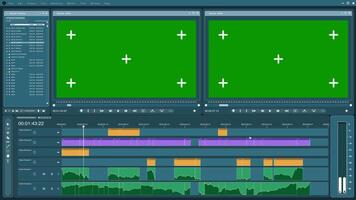 editor software interface used for masking clips over green screens during media production. Filmmaking application UI showing mockup chroma key footage being modified video