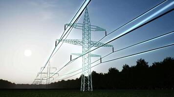 AR data visualization of energy flowing through overhead power lines used in electric transmission and distribution. Steel tower high voltage electrical cables over night sky, 3d render animation video