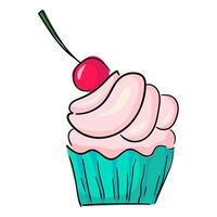 Cupcake Shortcake Delicious cream with cherry. Cartoon Style Design Isolated Illustration. Hand drawn linear color vector