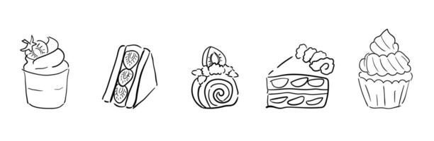 Hand-drawn Doodle illustrations of Japan Cakes Cupcakes with Cream. illustration on white. Line art Design elements for food web, labels or print. vector