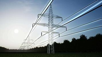 AR data information about electrical grid interconnected network used for electricity delivery, day night cycle timelapse. Industrial energy transmission tower, 3D render animation video
