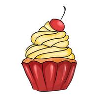 Cupcake Shortcake Delicious cream with cherry. Cartoon Style Design Isolated Illustration. Hand drawn linear color. vector