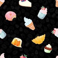 Bright food elements on black background. Cute hand drawn dessert illustration seamless pattern doodles. Design for print fabric or paper. Cafe theme bakery or confectionery. vector