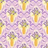 seamless floral vintage pattern with lilac decorative bows and flowers in vases on light background vector