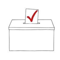 Voting paper with red checkmark inserting into ballot box isolated illustration painted by black inks. Putting the choice sketch. Election day concept for brochure, promotional, poster vector
