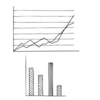 Business analytical trend line graph and infographic statistic bars histogram line art black ink sketch. Graphic charts design template drawn monochrome flat. illustration for business vector
