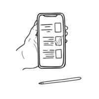 Monochrome hand holding vertically phone with open document to fill consent, vote with stylus isolated sketch painted by black inks. Register application with checkmark on mobile device vector