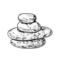 Pyramid of four sea stones of different sizes hand drawn illustration. Etching drawing of pebbles balancing on each other. For creating new composition, spa centers, coloring book vector