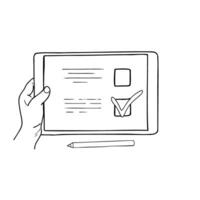 Monochrome hand holding tablet with open document to fill agreement, voting with stylus isolated sketch painted by black inks. Register application with checkmark online device illustration vector