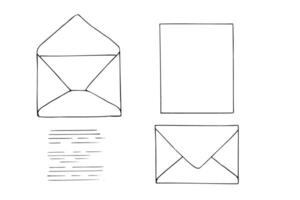 Open, close envelopes, blank paper, abstract text flat line isolated icons painted by black inks. Black and white drawing of monochrome message template for mailing list, post office vector
