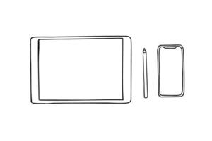 Monochrome smartphone and tablet with touchscreen, stylus sketch painted by black inks. Etching drawing of electronic devices with blank empty display. Mobile elements for adverts, stores vector