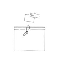 Human hand inserting voting paper into sealed ballot box illustration painted by black inks. Empty space for text. Election day concept for brochure, website, presentation, poster. vector