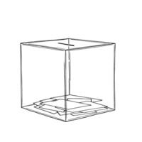 Transparent plastic ballot box with stack of ready ballots inside monochrome hand drawn illustration. Presidential election, voting, candidate selection single line art black ink sketch. vector