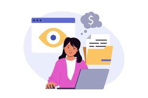 Cyber security concept in modern flat design for web. Woman using protective system for personal information safety with password verification and eye surveillance at laptop. illustration. vector