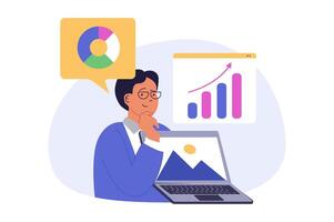 Business concept in modern flat design for web. Businessman analyzing financial report and calculating charts, working at laptop, brainstorming, developing company organization. illustration. vector