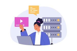 Cloud computing concept in modern flat design for web. Woman working with online processing service, using database and hosting servers, downloading content for storage. illustration. vector