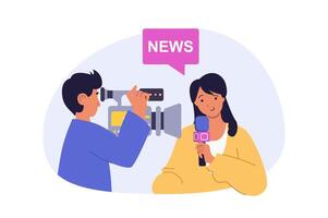 Journalism concept in modern flat design for web. Woman with microphone talking breaking news at camera, operator recording correspondent at place, news team broadcasting online. illustration. vector
