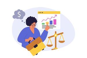 Business and finance concept in modern flat design for web. Businesswoman with briefcase analyzing financial graph with company statistic, making investments, developing project. illustration. vector