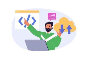 Cloud computing concept in modern flat design for web. Man programming code and using online processing service, downloading and uploading digital files for protective storage. illustration. vector