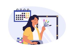Beauty salon concept in modern flat design for web. Professional manicure master choosing nail polish samples with different colors, waiting client visits in studio with mirror. illustration. vector