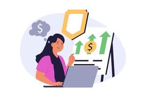 Business concept in modern flat design for web. Businesswoman analyzing financial report, developing project with safe income and balance growth, creating company strategy. illustration. vector