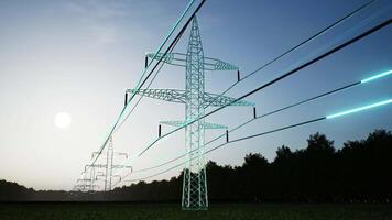 Industrial metal power tower with high voltage current flowing through wires over sky horizon, AR data. Infrastructure enabling distribution of electricity, 3d render animation timelapse video