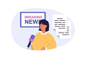 Journalism concept in modern flat design for web. Woman working as presenter in tv show with breaking news in studio, broadcasting information in mic, makes articles publications. illustration. vector
