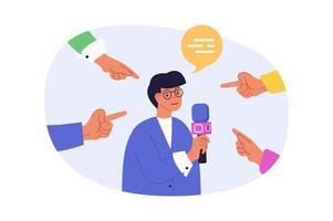 Journalism concept in modern flat design for web. Man with microphone commenting news in press media while surrounded with pointing hands. Speaker talking at press conference. illustration. vector
