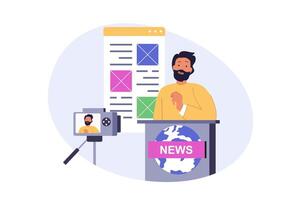 Journalism concept in modern flat design for web. Man working as presenter in tv show, recording breaking news program in studio, broadcasting information and messages in mic. illustration. vector