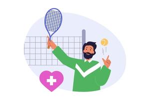 Education concept in modern flat design for web. Man with racket and ball playing tennis, exercising at court, prepares for professional match or doing favorite sport hobby. illustration. vector