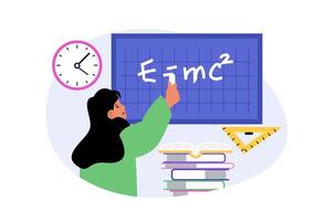 Education concept in modern flat design for web. Woman explaining physics at lesson in school, writing formula at blackboard. Student answering in classroom, getting knowledges. illustration. vector