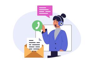 Contact us concept in modern flat design for web. Woman in headset answering calls, communicating with clients, helping and supporting customers, solving technical problems. illustration. vector