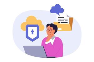 Cloud computing concept in modern flat design for web. Man downloading documents for storage in safety platform, using backup system infrastructure, processing data at laptop. illustration. vector