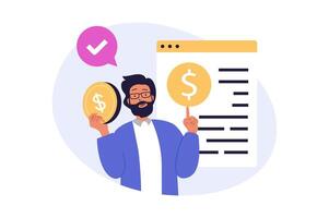 Business concept in modern flat design for web. Businessman planning tasks in checklist, setting financial goals, finding solution, developing company strategy with income growth. illustration. vector