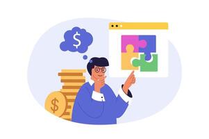 Business concept in modern flat design for web. Businessman analyzing financial strategy, solving job puzzles and finding solutions, developing company with investment money. illustration. vector